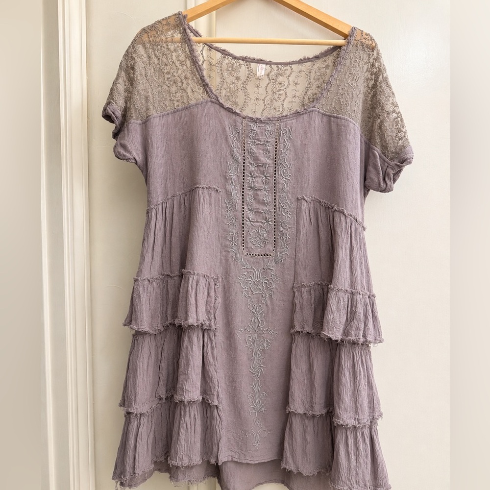 Free People Embroidered Lace Boho Tunic Dress | Dusty Gray | Size Large